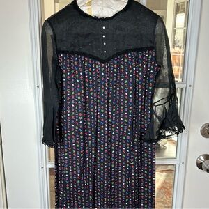 Vintage Handmade Folk Floral B Dress with Sheer Bell Sleeves Size Small Medium